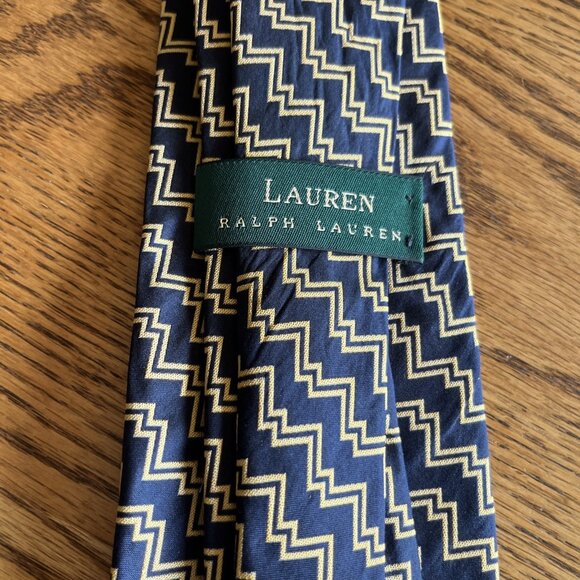 Lauren RALPH LAUREN Men’s Silk Tie  Navy Blue/Gold Uneven Stripe Design Made USA - Picture 5 of 6